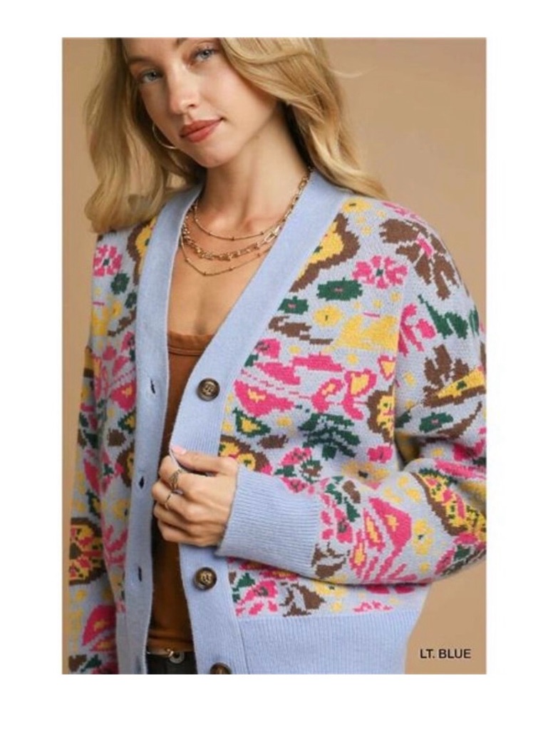 Umgee Light Blue Floral Jacquard Cardigan Small Nwt